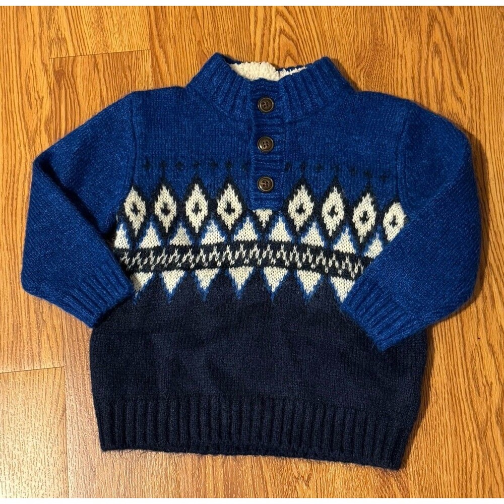 Gymboree Boys Sweater Pullover Size 12-18 Months Blue 1/4 Button Faux Sherpa